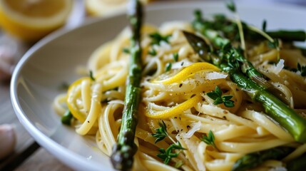  a close up of a plate of pasta with asparagus and parmesan cheese on a wooden table. - obrazy, fototapety, plakaty