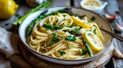  a bowl of pasta with asparagus, lemon, parsley, and parsley on a wooden table.