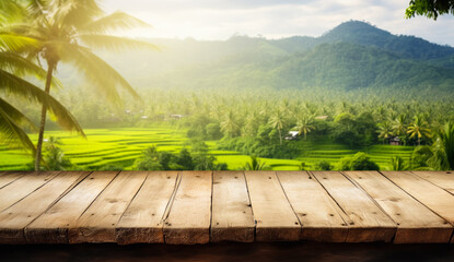 Empty rustic old wooden boards table copy space with terraced rice field in background. Product display template. Generative AI