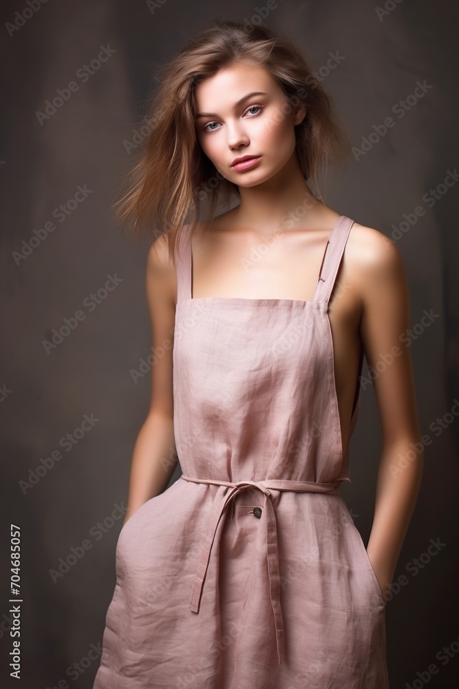 Sticker Portrait of a young woman in a pink linen pinafore dress