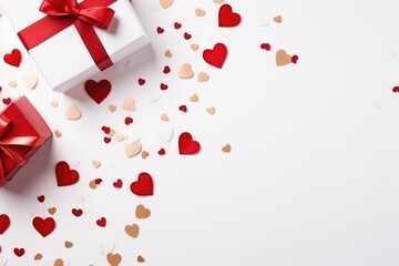 Valentine's day background. White gift box, red hearts and confetti on white background. Flat lay, top view, copy space. AI generated