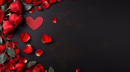 Valentines day background with red rose petals and heart on black background. AI generated - obrazy, fototapety, plakaty