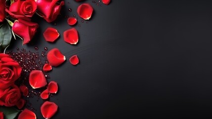 Red rose petals on black background with copy space. Valentines day background. AI generated