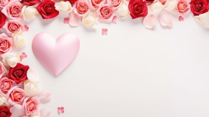 Valentine's day background with pink heart and rose flowers on white background. AI generated