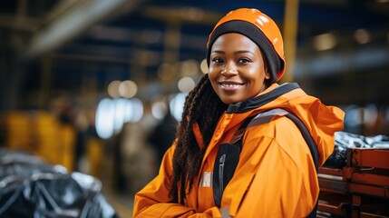 Portrait of a smiling African American woman wearing an orange hard hat and safety vest in a warehouse - obrazy, fototapety, plakaty