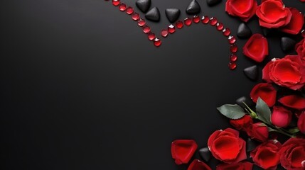 Valentine's day background with red rose and hearts on black background. AI generated