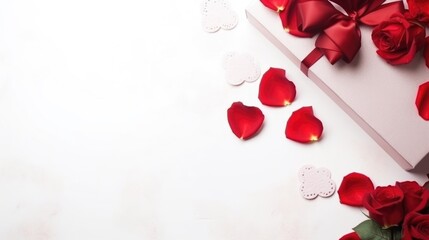 Valentine's day background with red roses, gift box and hearts on white background. AI generated