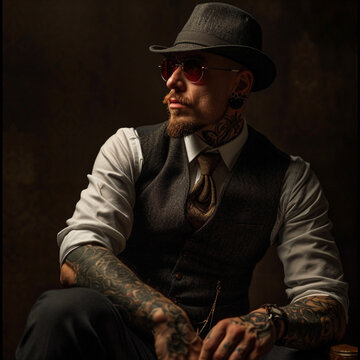 Portrait of a bearded gangster in a rockabilly style. Wearing hat, suit and tattoos. Black background. Retro. 