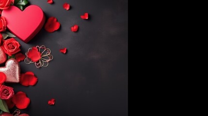 Valentine's day background with red roses, hearts and gift boxes on black background. AI generated