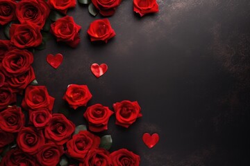 Valentine's Day background with red roses and hearts. Top view with copy space, AI generated