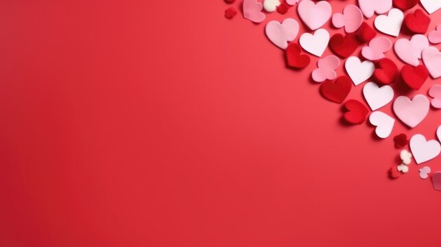 Valentine's day background with red and white hearts on red background. AI generated