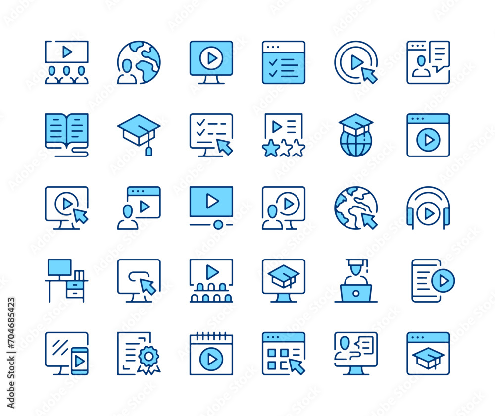Aufkleber video tutorials icons set. vector line icons. blue color outline stroke symbols. modern concepts