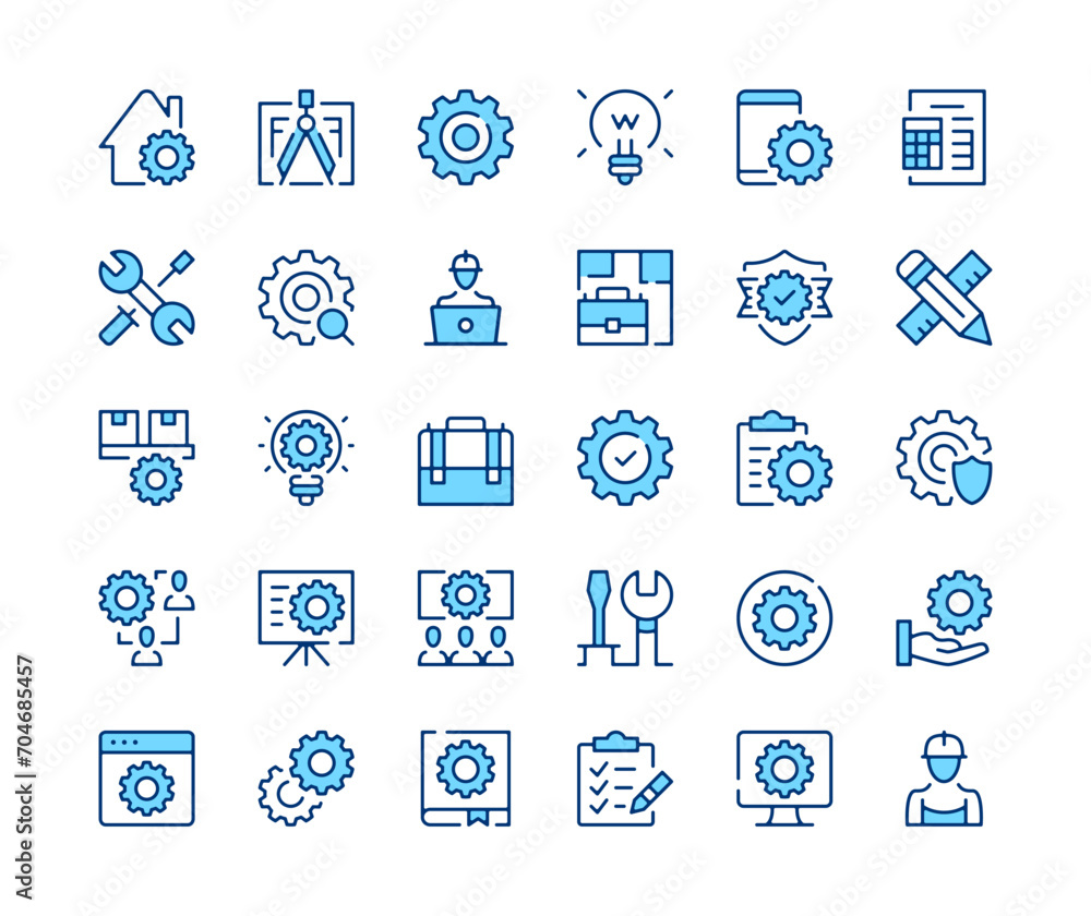 Poster engineering icons set. vector line icons. blue color outline stroke symbols. modern concepts
