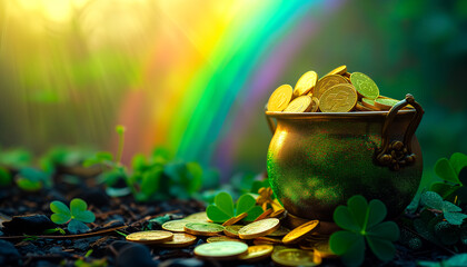 A pot of gold coins spills over amidst clovers at the end of a rainbow, suggesting an enchanted, lucky treasure in a lush green setting.