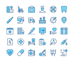 Hospital icons set. Vector line icons. Blue color outline stroke symbols. Modern concepts