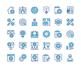 Engineering icons set. Vector line icons. Blue color outline stroke symbols. Modern concepts