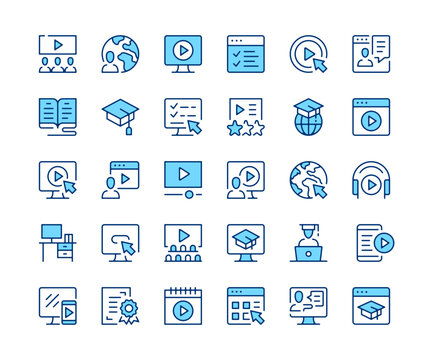 Video tutorials icons set. Vector line icons. Blue color outline stroke symbols. Modern concepts
