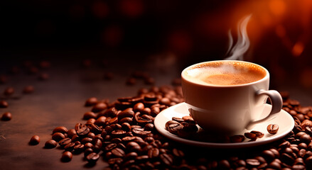 Fototapeta premium Coffee mug on dark wooden table. Copy space