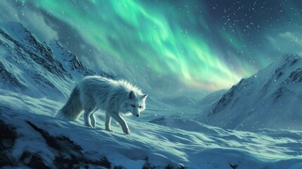 Obraz premium a white wolf standing on top of a snow covered mountain under a sky filled with green and blue aurora lights.
