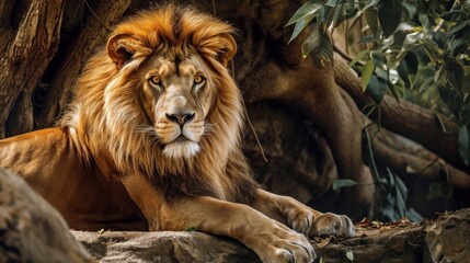  a close up of a lion laying on a rock next to a tree with leaves and branches in the background.
