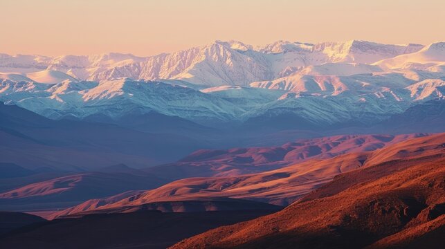  a view of a mountain range with snow on the top of the mountains in the foreground and a pink sky in the background.