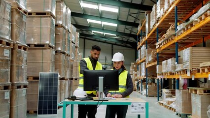 Warehouse manager talking with logistics employee in warehouse, planning transport of products, talking shipping process. - Powered by Adobe