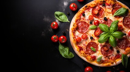 Delicious pizza on black stone background with top view, ingredients, and empty space for text