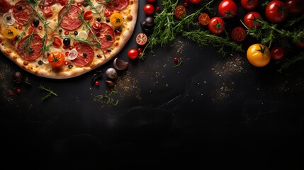Delicious pizza on black stone, top view with fresh ingredients, empty space for text