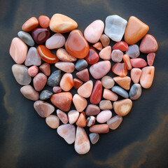 Pebbles arranged in a heart shape, in peach fuzz color
