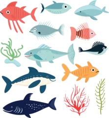 Fotobehang Set of sea animals. Vector illustration in flat style. Sea life. © zakariastts
