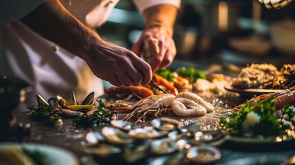 Obraz premium a close up of a person preparing food on a table with other food items on the table and in the background.