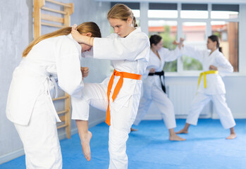 Pairs classes in judo or jiu-jitsu - two teenage girls practice grabbing and throwing on sports mats
