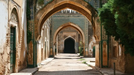 Fototapeta premium an archway between two buildings with a clock on each of it's sides and a clock on the other side of the building.