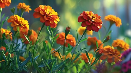  a bunch of orange and yellow flowers in a field of green and yellow flowers in a field of orange and yellow flowers.