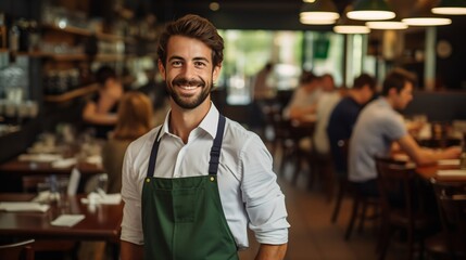 Portrait of a Smiling Male Server in a Busy Restaurant - obrazy, fototapety, plakaty