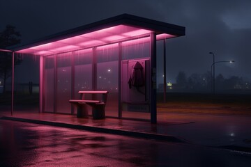 A lonely bus stop at night with a pink glow