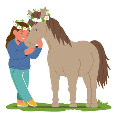 Little Girl With A Beaming Smile And Flower Wreath Tenderly Cares For Her Horse On Summer Field, Vector Illustration