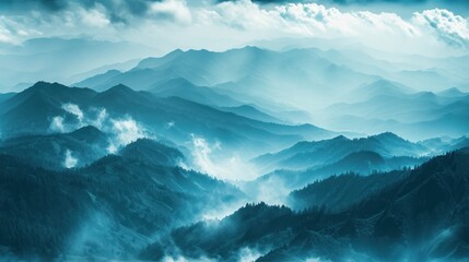  a view of a mountain range from a bird's - eye - view point of a foggy sky.