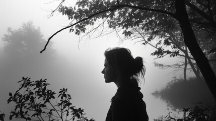  a black and white photo of a person standing in the woods on a foggy day with trees in the background.