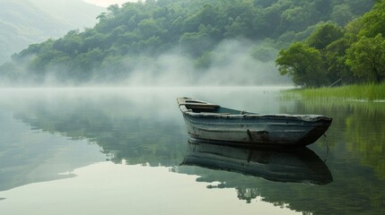  a small boat floating on top of a lake next to a lush green hillside covered in trees and mist covered mountains.