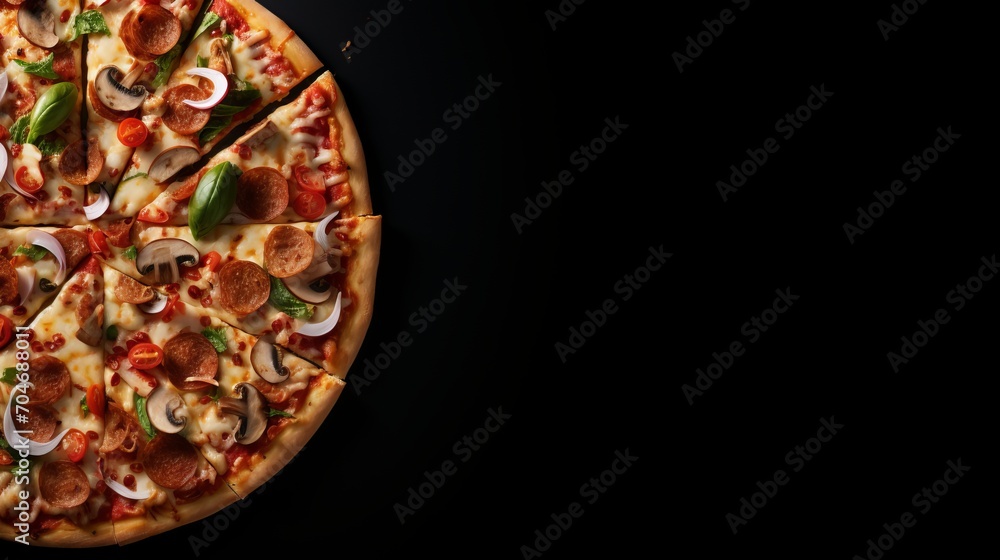 Poster delicious pizza on black stone background with top view and ingredients empty space for text