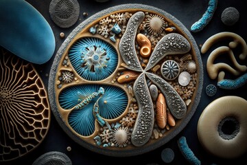 Fototapeta premium Bacteria, microscopic unicellular organisms, microorganism, under microscope zoomed in, study qualification