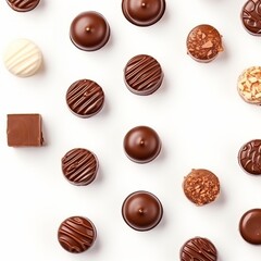 Various types of chocolate candy arranged on a white surface