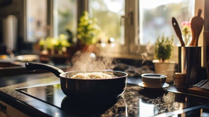  a frying pan filled with rice sitting on top of a stove top next to a pot of broccoli. - obrazy, fototapety, plakaty