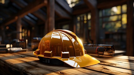 Construction site with a yellow hard hat, blueprints, and tools - obrazy, fototapety, plakaty