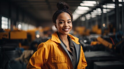 Fototapeta premium Portrait of a smiling African American female engineer in a hard hat standing in a factory.