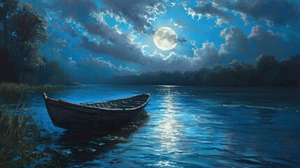  a painting of a boat on a body of water with a full moon in the sky and clouds above it.