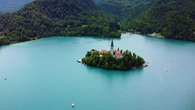 Aerial View of Bled Lake - Blejsko Jezero, Island with Pilgrimage Church of the Assumption of Maria, Slovenia
