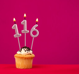 Birthday cake with candle number 116 - Rhodamine Red foamy background
