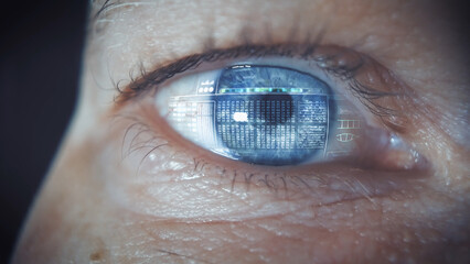 Close up of hacker with blue colored iris and computer code of binary language. Graphics